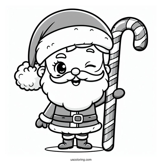 Cartoon Santa Winking While Carrying A Candy Cane Coloring Page For Kids