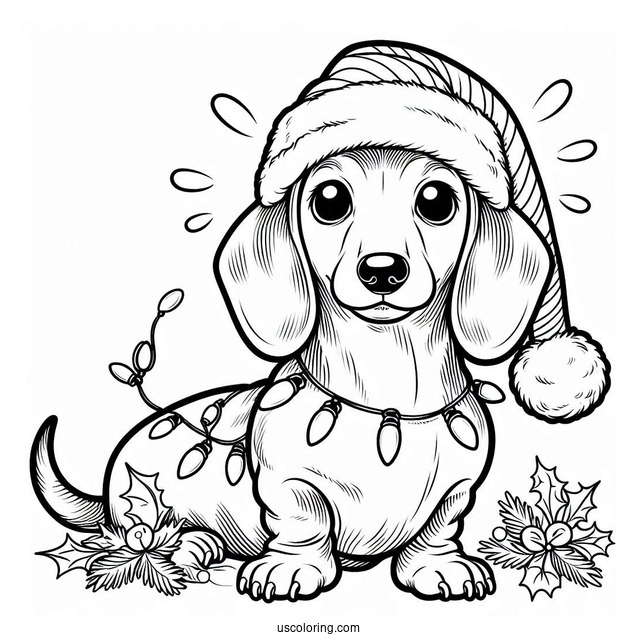 Dachshund Coloring Page In Santa Hat And Christmas Lights