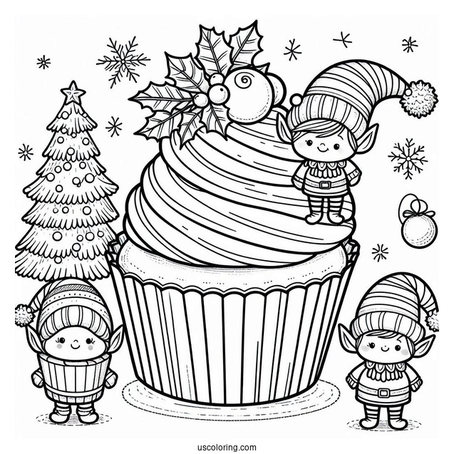 Christmas Themed Cupcake With Elves To Color