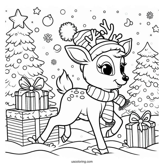 Happy Rudolph Coloring Page Trotting In The Snow With Presents In The Background
