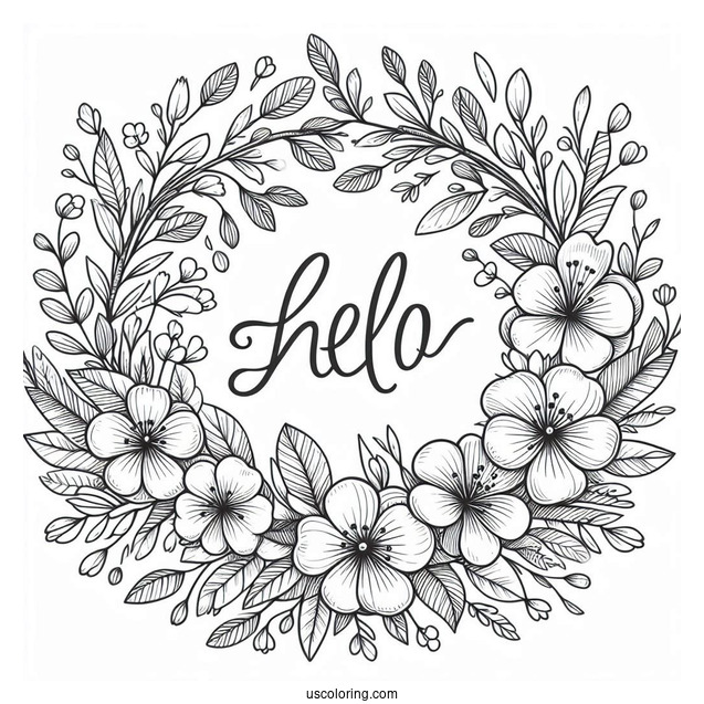 Calligraphy Hello Spring Coloring Page With Flower Wreath