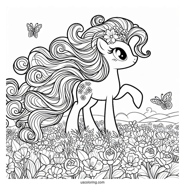 Beautiful Pinkie Pie Coloring Page With Flowing Mane On A Flower Field