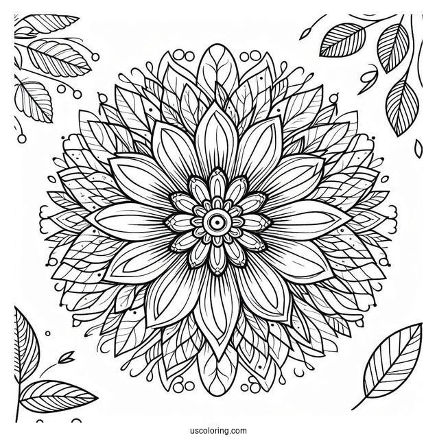 Detailed Flower Mandala With Loose Petals And Leaves Coloring Page