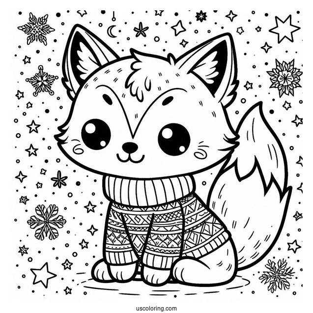 Kawaii Fox Coloring Page In A Snowflake Sweater Surrounded By Stars