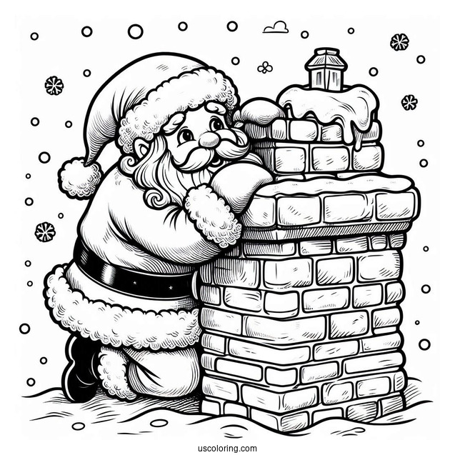Santa Claus Squeezing Into Brick Chimney To Color