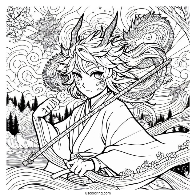 Tanjiro Coloring Page With The Dragon Of Change