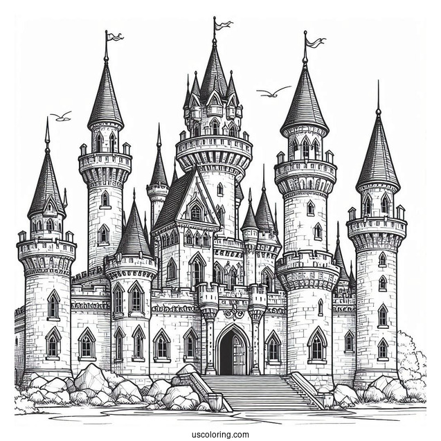 Massive Castle Coloring Page With Towers In The Corner