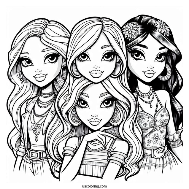 Bratz Jade, Sasha, Cloe, and Yasmin Coloring In