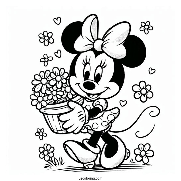 Minnie Mouse Carrying Spring Coloring Page Flower Pot
