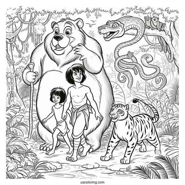 Jungle Book Coloring Page Of Baloo, Mowgli, Kaa, King Louie, And Bagheera