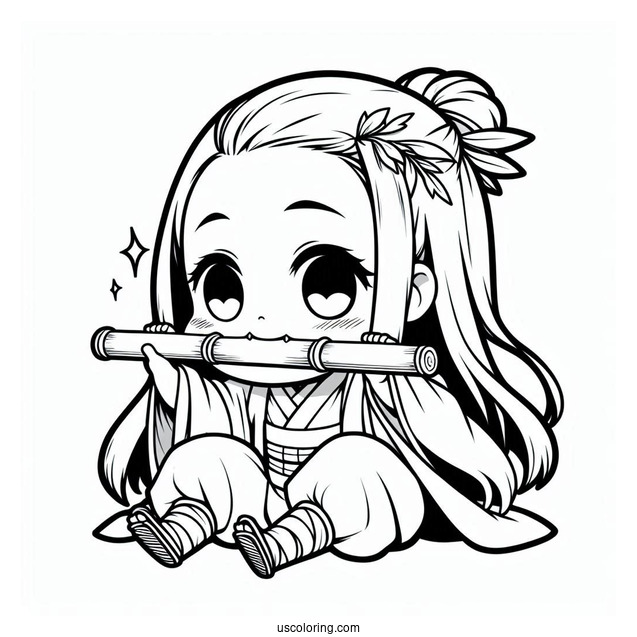 Cute Chibi Nezuko Coloring Page Biting Down Bamboo
