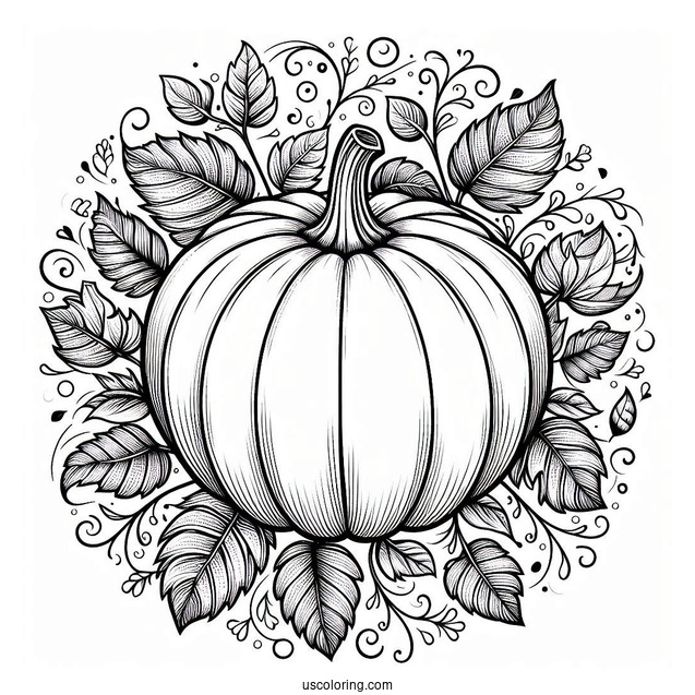 Round Pumpkin Coloring Page Surrounded By Leaves And Vines