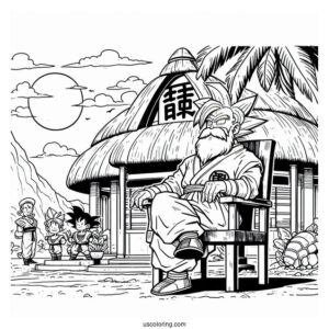 Dragon Ball Z Coloring Page Of Master Roshi in Vacation Shirt at Kame House