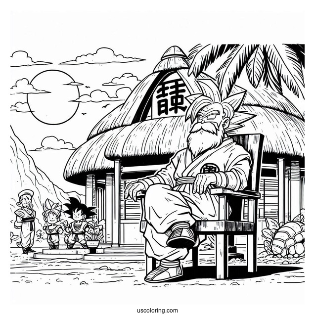 Dragon Ball Z Coloring Page Of Master Roshi in Vacation Shirt at Kame House