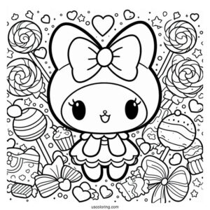 Cute My Melody Coloring Page Surrounded By Sweets