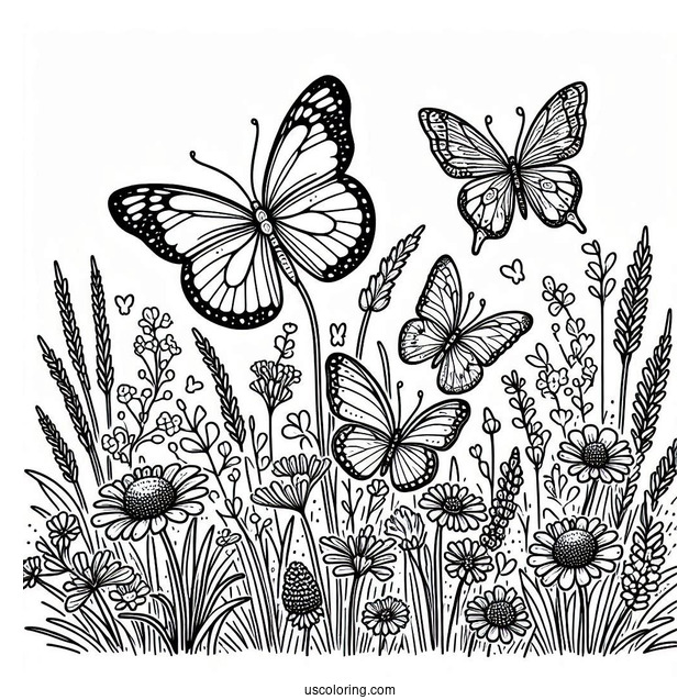 Butterflies Among Wildflowers And Grass