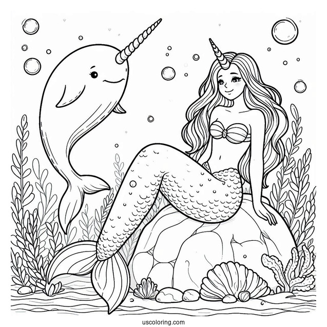 Mermaid Sitting On A Rock With Narwhal Coloring Page Underwater