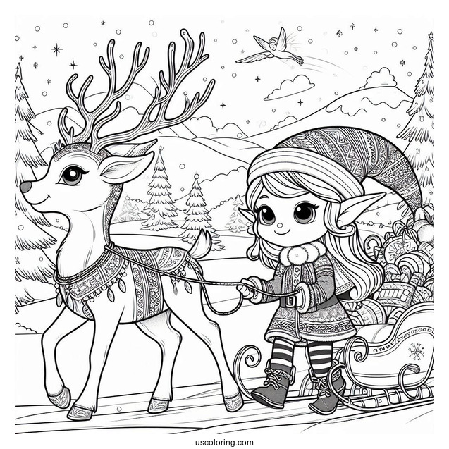 Elf Leading A Reindeer In The North Pole Coloring Page For Kids
