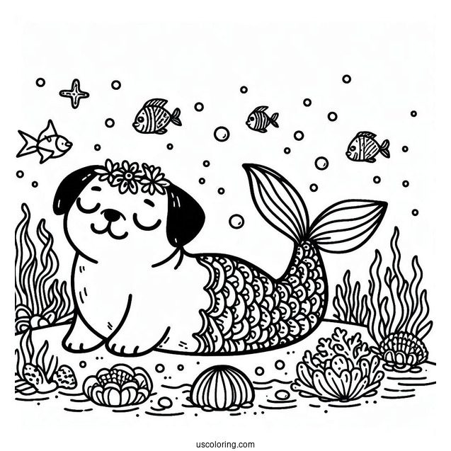 Mermaid Pug Coloring Page Under the Sea