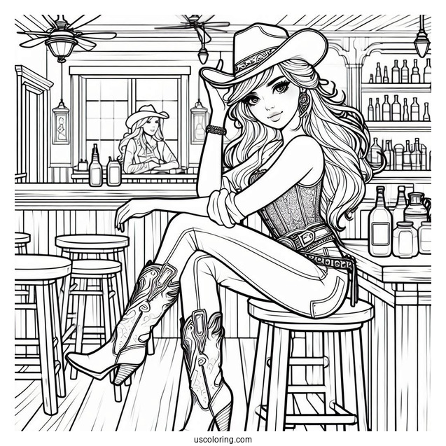 Female Cowboy Coloring Page In Saloon