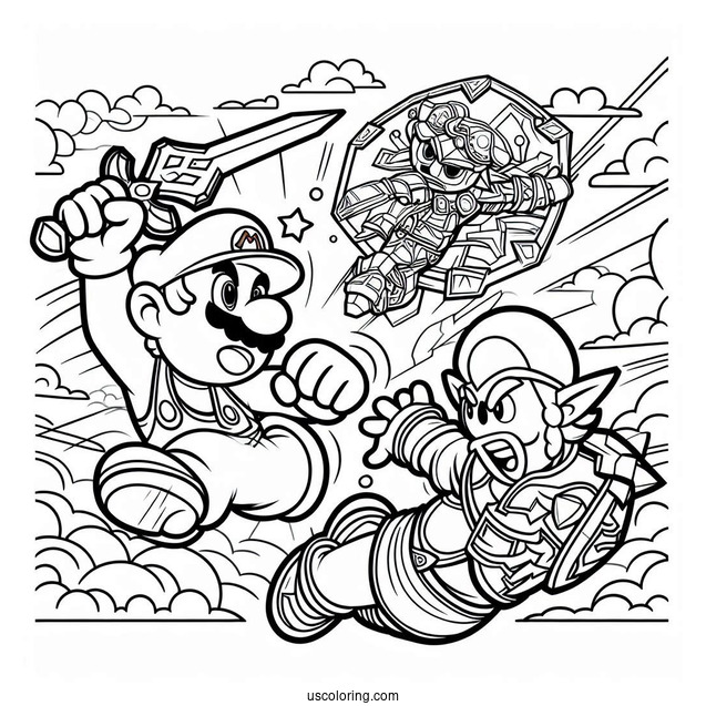 Super Smash Bros Coloring Page Of Mario Fighting Zelda