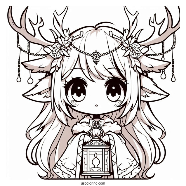 Chibi Girl With Large Antlers Holding A Lamp