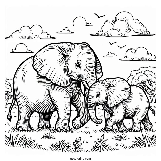 Two Elephants Walking In The Wild Coloring