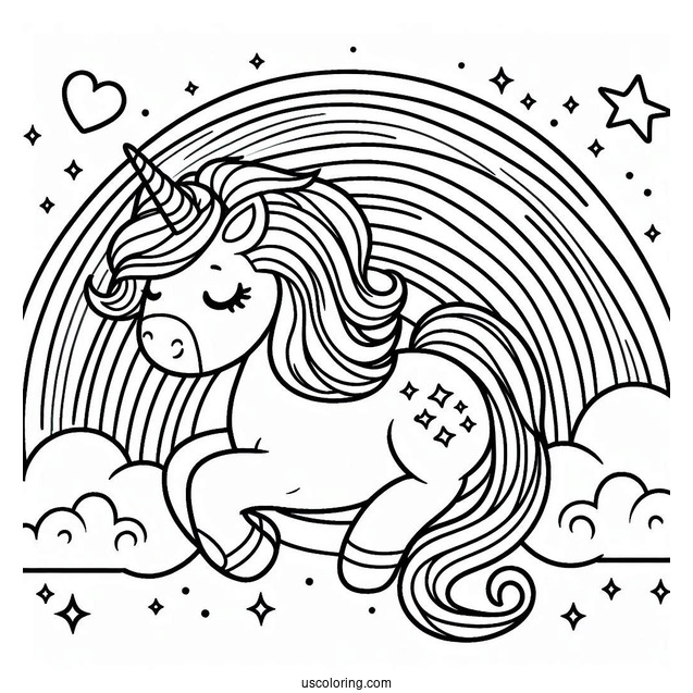 Cute Unicorn Bellow A Rainbow Coloring Page