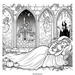 Sleeping Beauty Coloring Page Of Princess Aurora Deep Asleep Outside The Castle With Maleficent And The Fairies Watching
