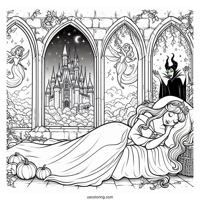 Sleeping Beauty Coloring Page Of Princess Aurora Deep Asleep Outside The Castle With Maleficent And The Fairies Watching