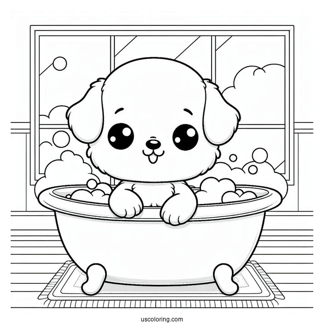 Puppy Sitting In A Bathtub By The Window Coloring Sheet