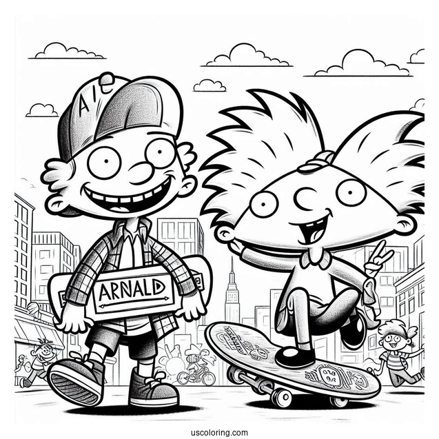 Nickelodeon Coloring Page Of Hey Arnold With Gerald Holding Skateboards