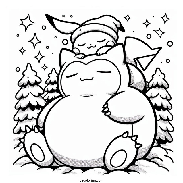 Pikachu Sleeping On Top Of Snorlax Coloring Page In Winter