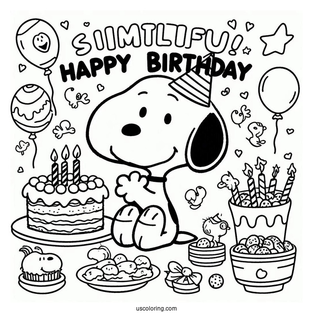 Happy Birthday Themed Snoopy To Color
