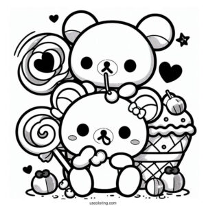 Kawaii Korilakkuma And Kiiroitori Eating Lollipop On Top Of Rilakkuma Coloring Page