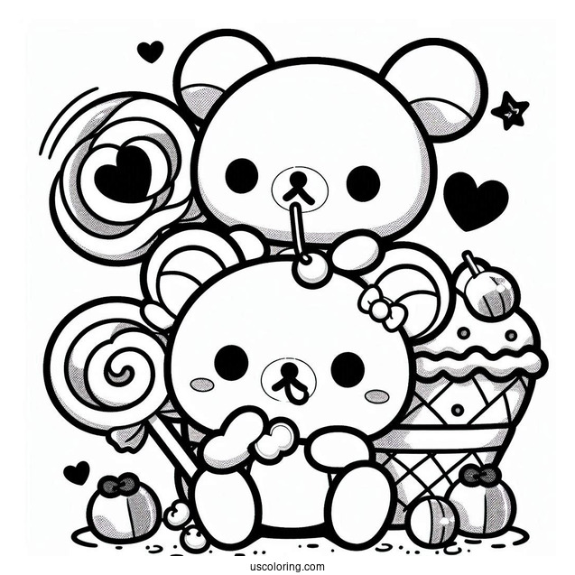 Kawaii Korilakkuma And Kiiroitori Eating Lollipop On Top Of Rilakkuma Coloring Page