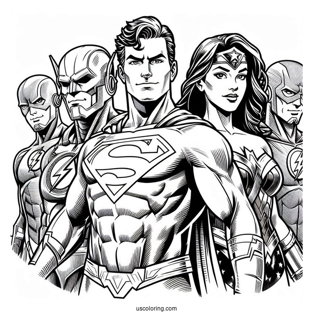 Justice League Coloring Page Of Martian Manhunter, Superman, Green Lantern, Wonder Woman, Batman, Aquaman, And The Flash