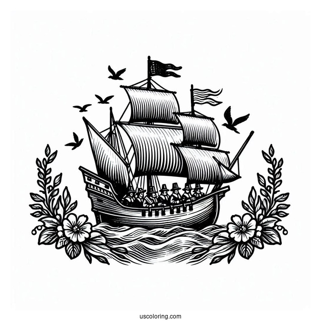 Pilgrim Coloring Page Mayflower Sailing At Sea