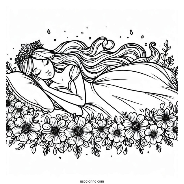 Sleeping Beauty Coloring Page Surrounded By Flowers
