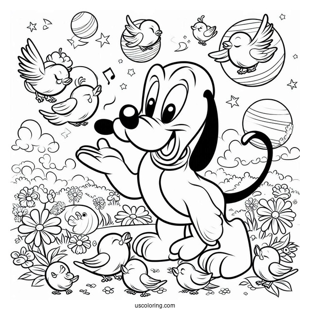 Pluto Coloring Page Playing With Birds