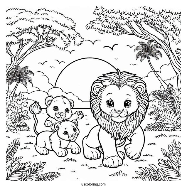 Lion With Two Cubs Playing In Jungle Coloring Page For Kids