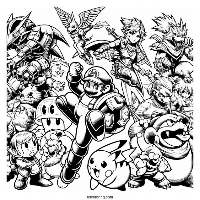 Super Smash Bros Coloring Page Of Mega Man, Dark Bowser, Zelda, Mario, Kid Icarus .Star Fox, Kirby, Donkey Kong, And Pikachu