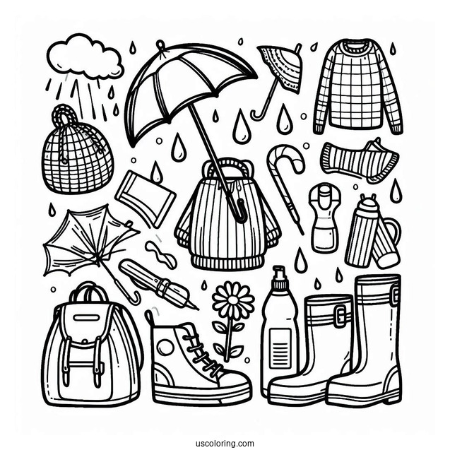 Rain Coloring Page Of Things To Bring On A Rainy Day