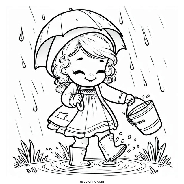Child Playing In The Rain Coloring Page