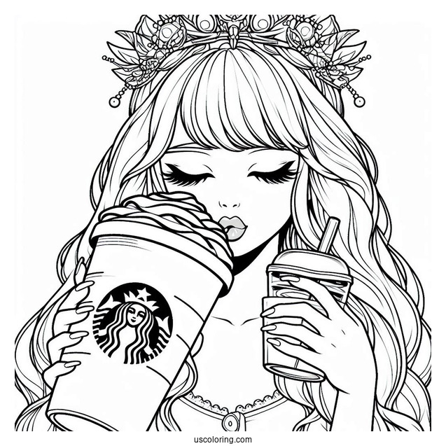 Woman Drinking From A Massive Starbucks Coloring Page Of Cup