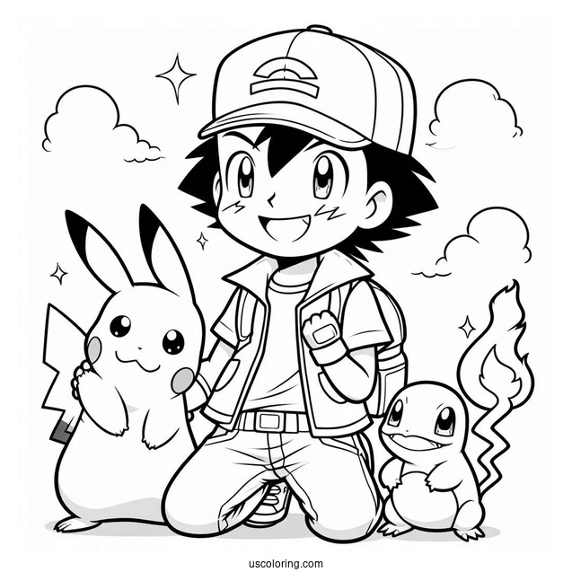 Ash Character With Pikachu And Charmander