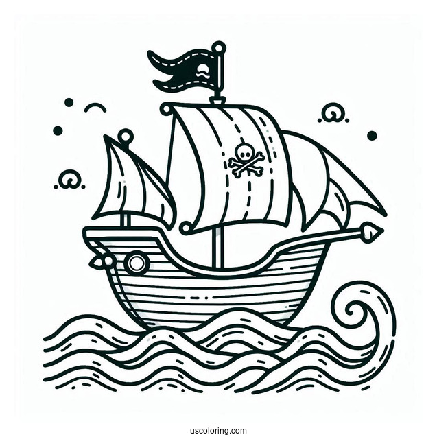 Easy Cute Pirate Ship Coloring Page With Waves For Preschoolers