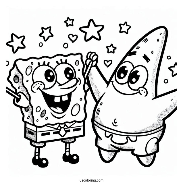 Happy SpongeBob And Patrick Star Coloring Page With Arms Around One Another