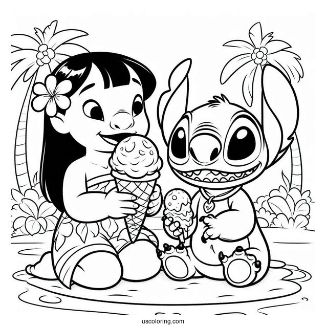 Coloring Page Of Lilo And Stitch Eating Ice Cream