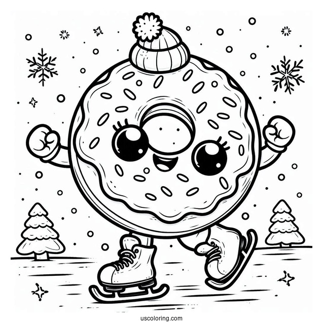 Excited Donut Coloring Page Ice Skating In Winter